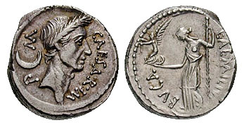 Julius Caesar Depicted on an ancient Roman coin - denarius