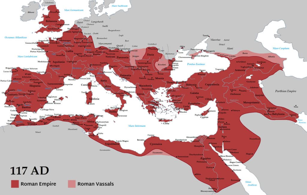 A Map of the Roman Empire in AD 117 at its largest point