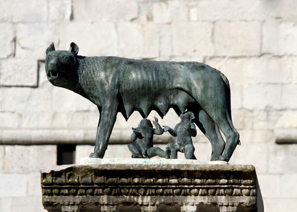 Romulus and Remus suckling at the tit of the she wolf who raised them